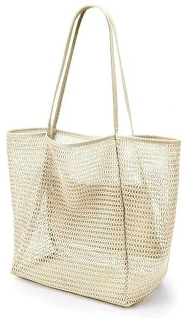Alt view image 5 of 5 - Large Mesh Beach Tote Bag, Foldable Summer Handbag, Tan