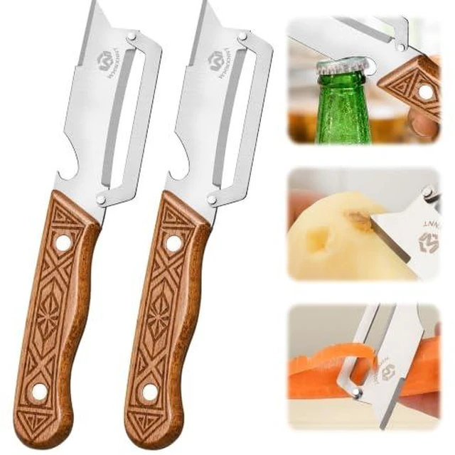 Alt view image 2 of 4 - 4-in-1 Multifunctional Vegetable Peeler, 50% Thicker Ultra-Sharp Stainless Steel Peeler Knife, Wooden Handle & Bottle Opener, for Vegetables Fruits Potatoes Carrots, Peelers for Kitchen (2 Pack)