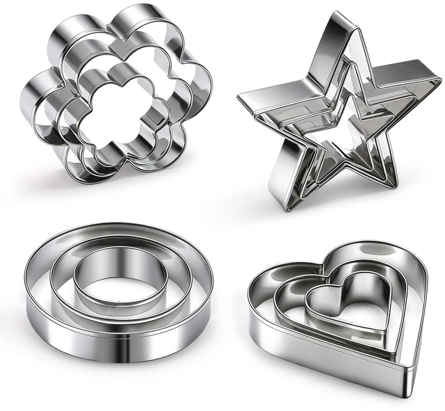 Main image of 12 Pcs Stainless Steel Cookie Cutters Set - Heart, Flower, Round, Star