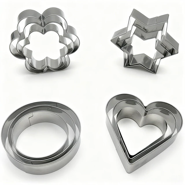 Main image of 12Pcs Mini Metal Cookie Cutters Variety Pack - Stainless Steel Baking Gift for Kids, 4 Shapes (Heart/Star/Flower/Round) for Holiday Baking