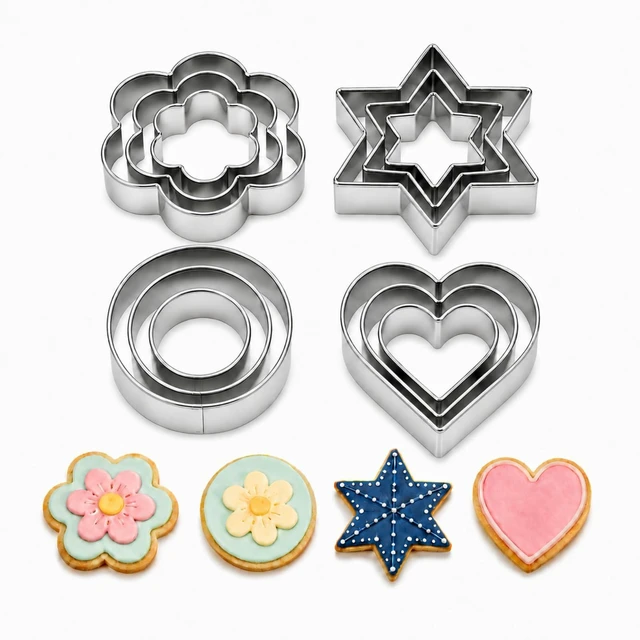 Main image of Cookie Cutters Set, 12 Pcs Stainless Steel Heart 6-Point Star Flower Round