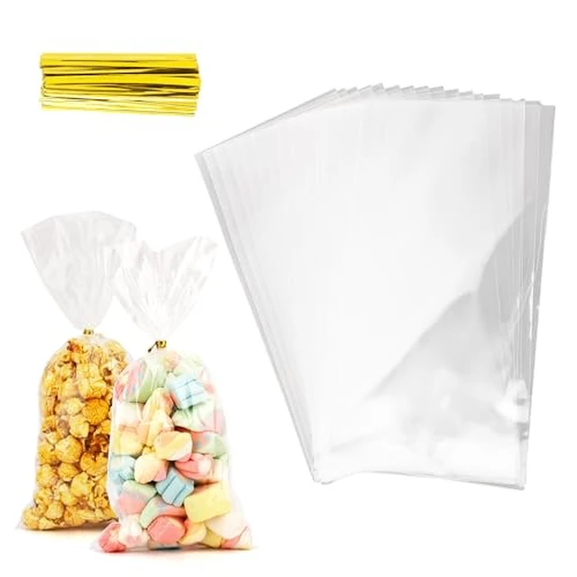 Alt view image 2 of 3 - Cellophane Treat Bags, 100 PCS Clear Cellophane Bags, Plastic Cello Candy Cookies Goodie Gift Bag with 100 PCS Gold Twist Ties for Graduation Spring Birthday Party Favors Supplies 5x11 Inch