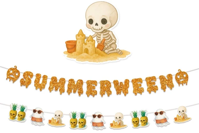 Main image of Summerween Party Decorations Summer Halloween Banner Spooky Ghost Pineapple Skull Garland for Hawaii Luau Tropical Birthday Decor