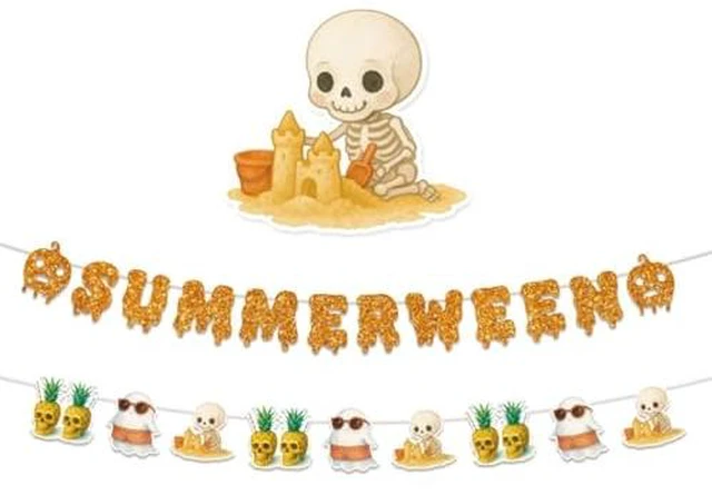 Alt view image 2 of 3 - Summerween Party Decorations Summer Halloween Banner Spooky Ghost Pineapple Skull Garland for Hawaii Luau Tropical Birthday Decor