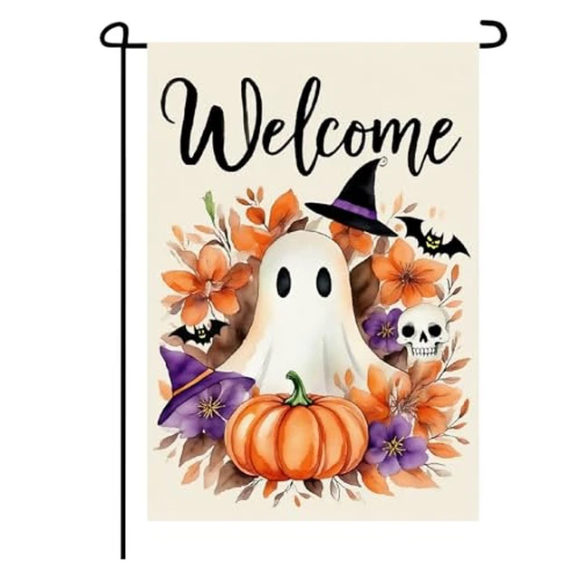 Alt view image 2 of 2 - Halloween Holiday Yard Outdoor Flag,Halloween Welcome Skull Pumpkin Ghosts bat Witch Hat Garden Flag, 12x18 Inch Double Sided Burlap Day Of The Dead Holiday Outdoor Decorative Flag