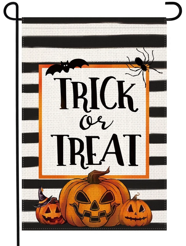 Main image of Trick or Treat Halloween Garden Flag 12x18 Inch Double Sided Burlap Scary Halloween Pumpkin Bat Spider Stripes Farmhouse Small Yard Flag for Outside Decoration (Halloween)