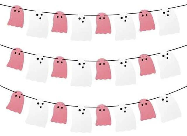 Alt view image 2 of 2 - Cute Halloween Decorations Indoor, Pink White Hanging Ghosts Banners Halloween Decor 3 Pack Pre-Assembled, Ghost Garland Banner Decor for Party Home Room Wall Mantel Bedroom Office Classroom