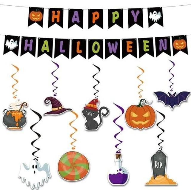 Alt view image 2 of 6 - Halloween Party Decorations - Hanging Swirls Happy Halloween Banner | Spooky Pumpkin Ghost Bat Swirl Streamers | Halloween Party Favors Supplies Accessories for Home Wall Party Decor Outdoor Indoor