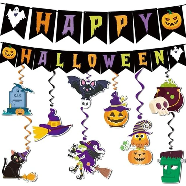 Alt view image 4 of 6 - Halloween Party Decorations - Hanging Swirls Happy Halloween Banner | Spooky Pumpkin Ghost Bat Swirl Streamers | Halloween Party Favors Supplies Accessories for Home Wall Party Decor Outdoor Indoor