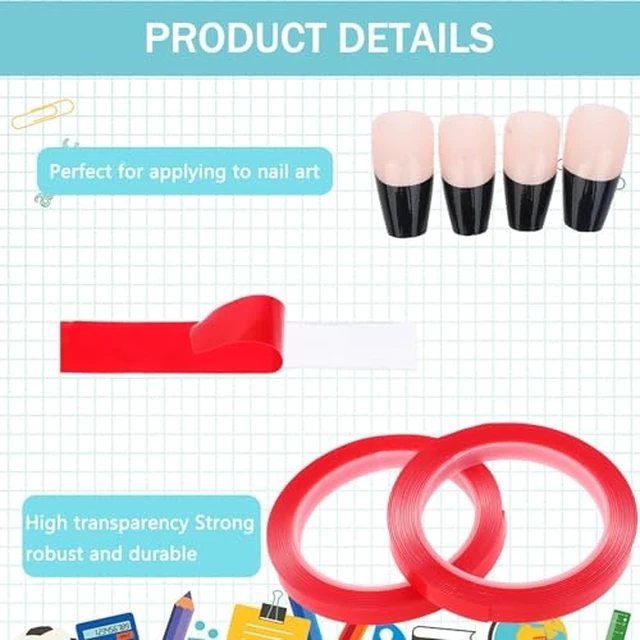 Alt view image 4 of 6 - 2 Rolls Nail Art Tape, 98FT Double Sided Tape Nails, Waterproof Removable Traceless Clear Mounting Tape, Press on Nail Supplies for Nail Tips Colors Designs Showcase