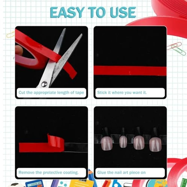 Alt view image 5 of 6 - 2 Rolls Nail Art Tape, 98FT Double Sided Tape Nails, Waterproof Removable Traceless Clear Mounting Tape, Press on Nail Supplies for Nail Tips Colors Designs Showcase