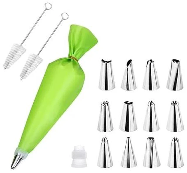 Alt view image 2 of 2 - 12Pcs Stainless Steel Piping Tips Set with Piping Bag, Coupler 2 Cleaning Brushes for Cake Cupcake Cookie Decorating
