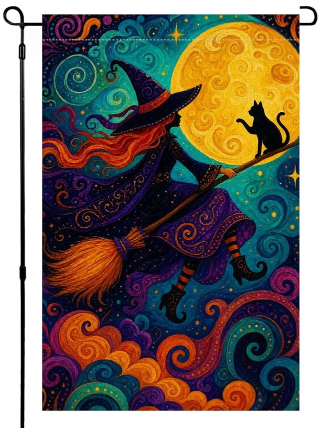 Main image of Halloween Witch Garden Flag 12x18 Moon Cat Outside Decor