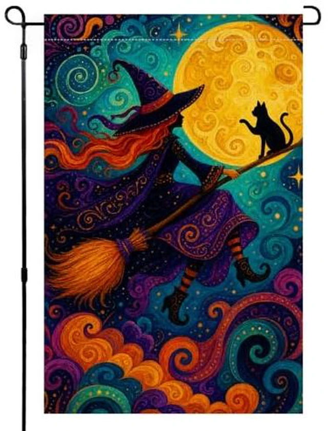 Alt view image 2 of 3 - Halloween Witch Garden Flag 12x18 Moon Cat Outside Decor
