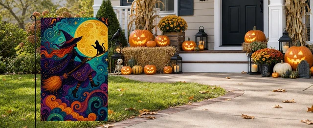 Alt view image 3 of 3 - Halloween Witch Garden Flag 12x18 Moon Cat Outside Decor