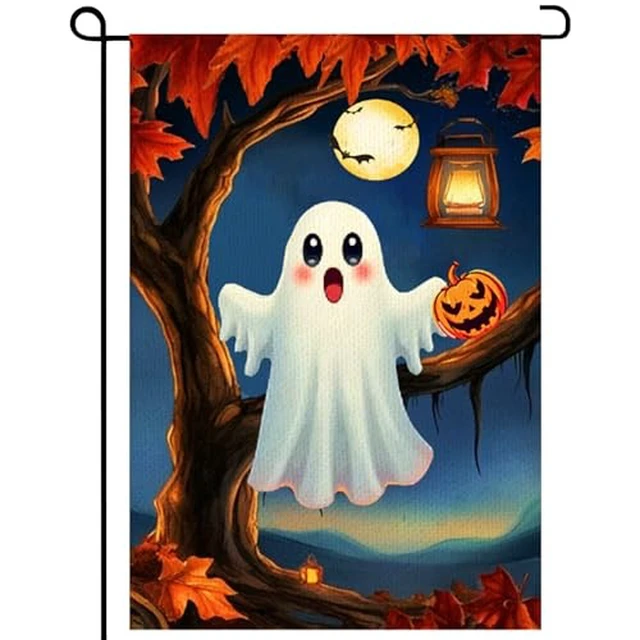 Alt view image 2 of 2 - Halloween Cute Ghost Garden Flag 12x18 Vertical Double Sided Pumpkin maple leaf Welcome Yard Flag Fall Holiday Outside Decorations Burlap for Outdoor Patio Lawn Farmhouse Farmland Holiday Decoration