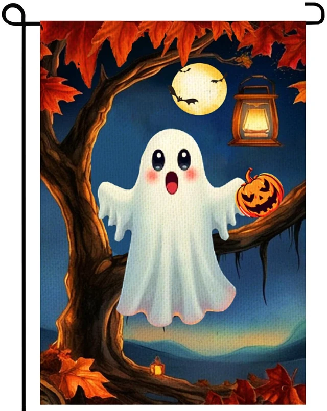 Main image of Halloween Cute Ghost Garden Flag 12x18 Vertical Double Sided Pumpkin maple leaf Welcome Yard Flag Fall Holiday Outside Decorations Burlap for Outdoor Patio Lawn Farmhouse Farmland Holiday Decoration