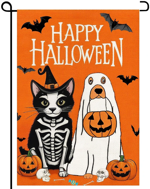 Main image of Halloween Ghost Dog Garden Flag 12x18 Vertical Double Sided Happy Halloween Pumpkin Bats Skull head Home decoration Fall Yard Flag for Outdoor Outside Patio Lawn Farmhouse Farmland Holiday Decoration