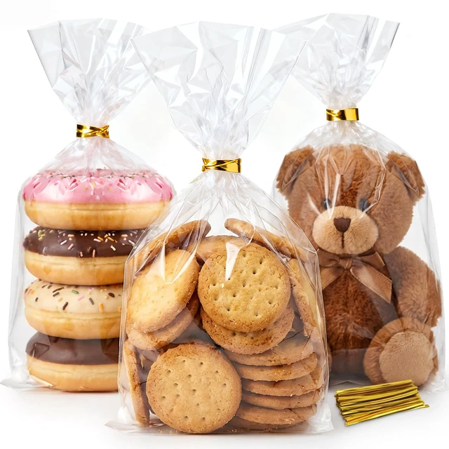 Main image of Cellophane Treat Bags 100 Pack with Twist Ties, 6×10 Inch Clear Cello Bags, Food-Grade Plastic Gift Bags for Cookies, Candy, Party Favors.