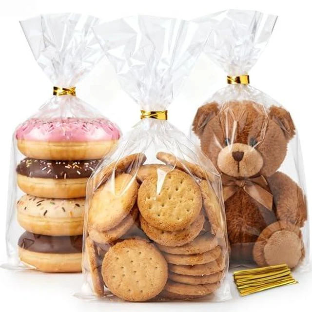 Alt view image 2 of 3 - Cellophane Treat Bags 100 Pack with Twist Ties, 6×10 Inch Clear Cello Bags, Food-Grade Plastic Gift Bags for Cookies, Candy, Party Favors.