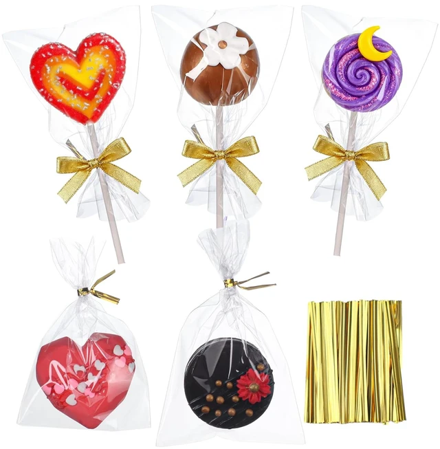Main image of 100 Pcs Cellophane Treat Bags 3x5 Inch with 100 Twist Ties - OPP Plastic Cake Pop Bags for Lollipop, Candy, Chocolate, Cookie Wrapping & Buffet