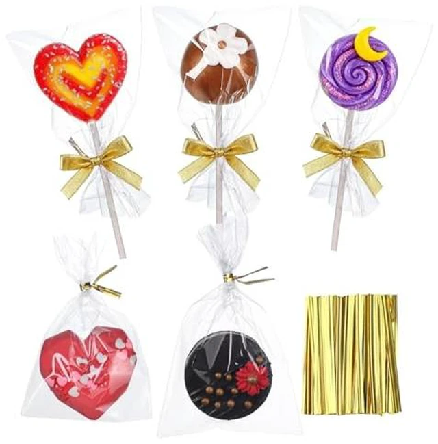 Alt view image 2 of 6 - 100 Pcs Cellophane Treat Bags 3x5 Inch with 100 Twist Ties - OPP Plastic Cake Pop Bags for Lollipop, Candy, Chocolate, Cookie Wrapping & Buffet