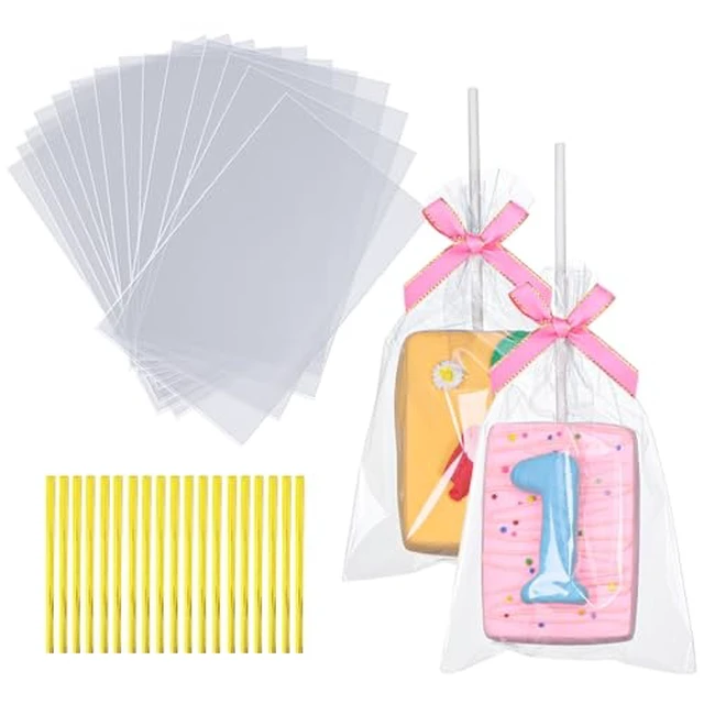 Alt view image 4 of 6 - 100 Pcs Cellophane Treat Bags 3x5 Inch with 100 Twist Ties - OPP Plastic Cake Pop Bags for Lollipop, Candy, Chocolate, Cookie Wrapping & Buffet