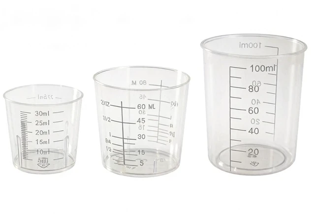 Main image of 3 Pack Plastic Liquid Measuring Cups, Includes 1 Oz (30 Ml), 2 Oz (60 Ml) and 3.4 Oz (100 Ml) Plastic Graduated Beaker For Kitchen Cooking Medicine Measure Tool