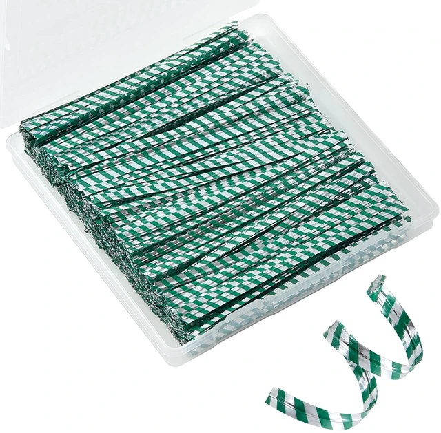 Main image of 4-Inch Green Stripe Twist Ties 1000Pcs, Metallic Plastic Coated Wire Ties for Candy Bags,Gift Wrapping, Crafts, Bread Bags, Treat Bags, Holiday Décor