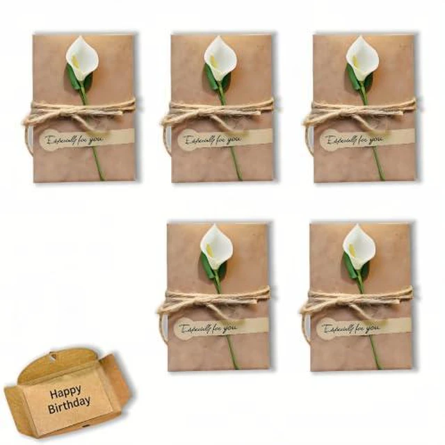 Alt view image 2 of 2 - Handmade Vintage Kraft Paper Greeting Cards Set of 5, 2.76x4.13 inch, with Envelopes,(Calla) Dried Flowers, Jute & Stickers, Blank Thank You Cards Birthday Party Invitations for Teacher