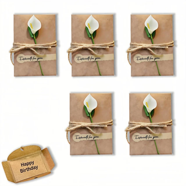 Main image of Handmade Vintage Kraft Paper Greeting Cards Set of 5, 2.76x4.13 inch, with Envelopes,(Calla) Dried Flowers, Jute & Stickers, Blank Thank You Cards Birthday Party Invitations for Teacher