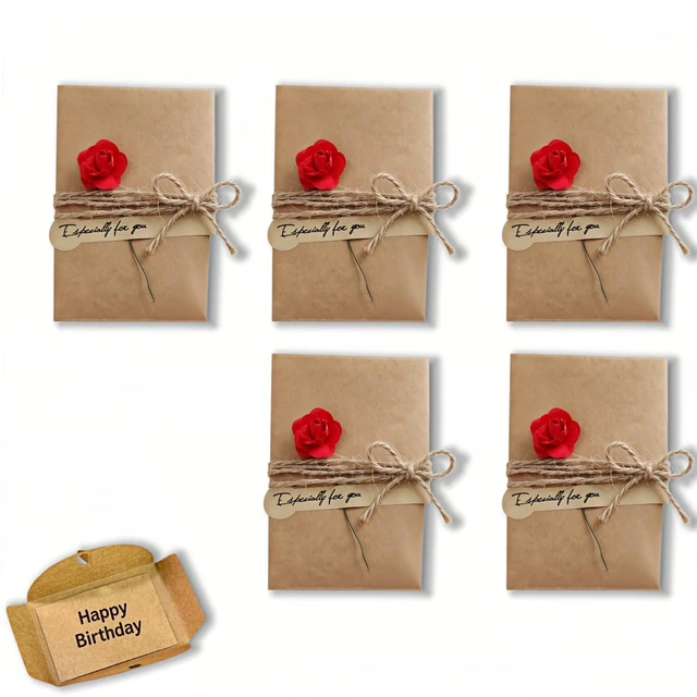 Main image of Handmade Vintage Kraft Paper Greeting Cards Set of 5, 2.76x4.13 inch, with Envelopes,(Rose) Dried Flowers,Jute & Stickers, Blank Thank You Cards Birthday Party Invitations for Teacher