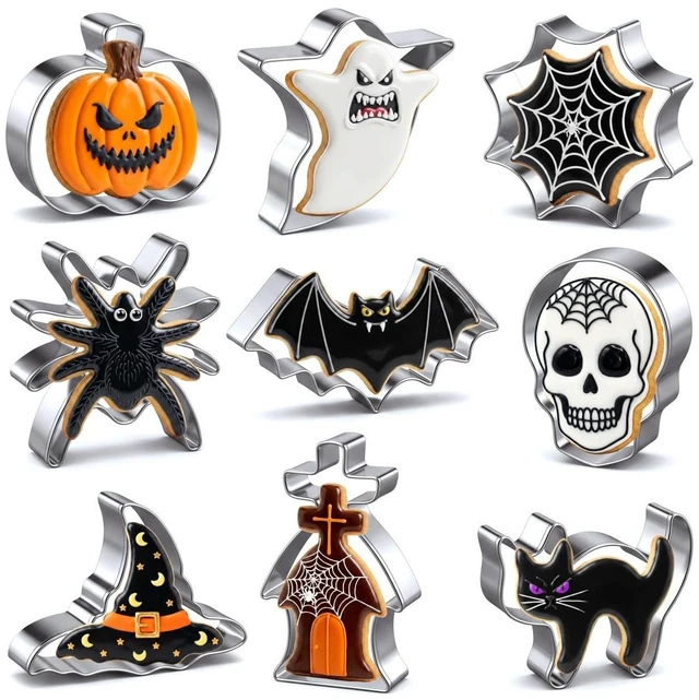 Main image of Halloween Cookie Cutters Set 9 Pieces, Metal Cookie Cutters Shapes - Bat, Ghost, Pumpkin, Cat, Witch's Hat, Spider, Spider Web, Skull, Tombstone, Stainless Steel Biscuit Molds for Party Decorations