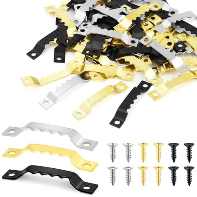 Alt view image 3 of 6 - 50 Sets Sawtooth Picture Hanger, Picture Frame Hangers with Screws for Photos Canvas Clock Wood Frame Hardware Metal Hook Hanging Artwork Home Decoration (Black)