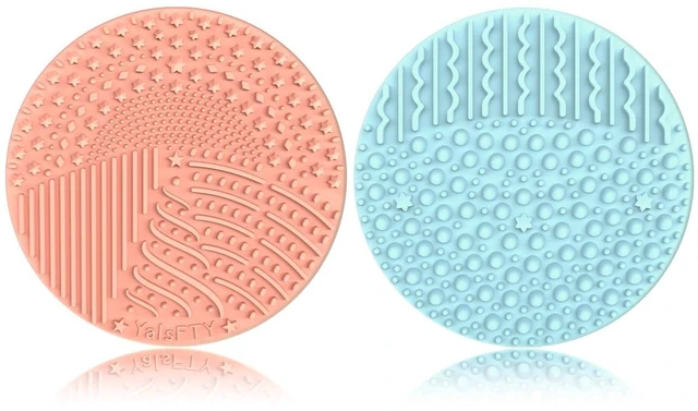 Main image of 2 Pieces Silicone Makeup Brush Cleaner, YalsFTY Cosmetic Brush Scrubber Mat Pad Cleaning Tool, Dual-Sided Functionality to Accommodate All types of Brushes, Powder Puffs and Sponges (Blue & Peach)