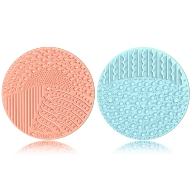 Alt view image 2 of 7 - 2 Pieces Silicone Makeup Brush Cleaner, YalsFTY Cosmetic Brush Scrubber Mat Pad Cleaning Tool, Dual-Sided Functionality to Accommodate All types of Brushes, Powder Puffs and Sponges (Blue & Peach)
