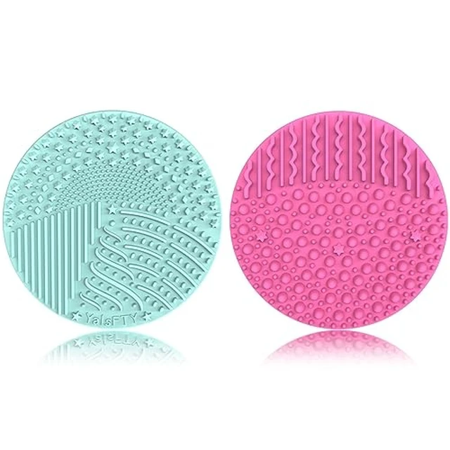 Alt view image 7 of 7 - 2 Pieces Silicone Makeup Brush Cleaner, YalsFTY Cosmetic Brush Scrubber Mat Pad Cleaning Tool, Dual-Sided Functionality to Accommodate All types of Brushes, Powder Puffs and Sponges (Blue & Peach)