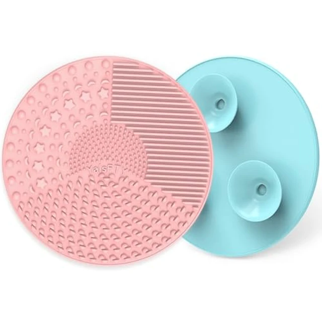 Alt view image 2 of 7 - Silicone Makeup Brush Cleaning Mats with Suction Cups, Set of 2, Portable for Travel, Makeup Brush Cleaner Pads, For All Brush Types (Pink and Blue)