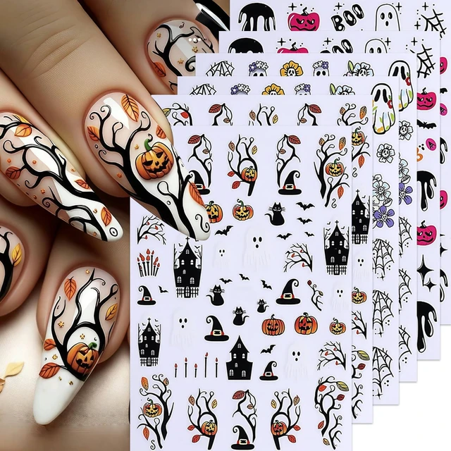 Main image of 6Sheets Halloween Nail Stickers for Nail Art, Ghost Nail Decals Cute Ghost Cats Spider Web Bat Pumpkin 3D Self-Adhesive Sticker Nail Design Nail Decorations Halloween DIY Manicure Supplies for Women