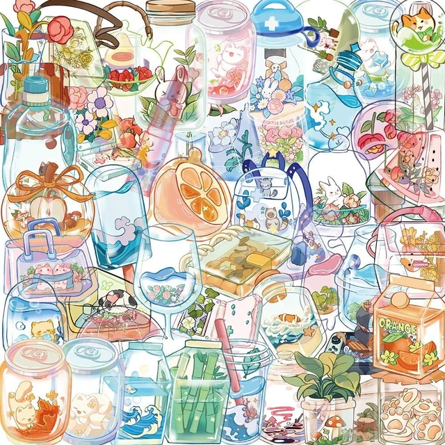 Main image of 50PCS Clear PET Stickers, Miniature Glass Bottle Scene Decals with Cute Nature Designs, Waterproof Aesthetic Stickers for Journal Scrapbook Planner Laptop Water Bottle