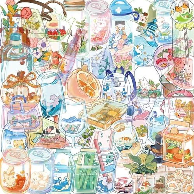 Alt view image 2 of 2 - 50PCS Clear PET Stickers, Miniature Glass Bottle Scene Decals with Cute Nature Designs, Waterproof Aesthetic Stickers for Journal Scrapbook Planner Laptop Water Bottle