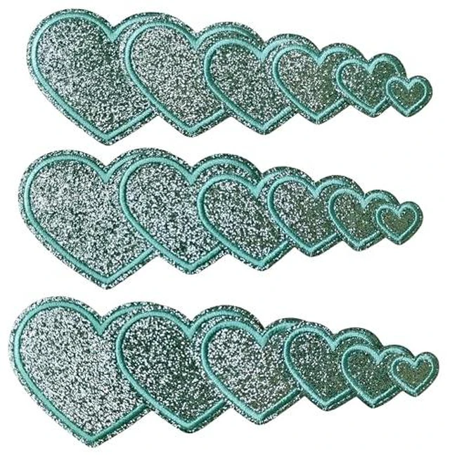 Alt view image 2 of 6 - 18pcs Mint Green Heart Iron On Patches, 6 Sizes Glitter Heart Embroidered Patch Cute Applique DIY Decorative Accessories for Clothes Backpacks Jackets Hats