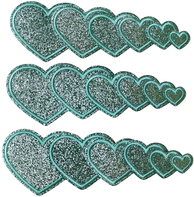 Main image of 18pcs Mint Green Heart Iron On Patches, 6 Sizes Glitter Heart Embroidered Patch Cute Applique DIY Decorative Accessories for Clothes Backpacks Jackets Hats
