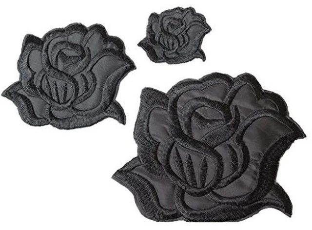 Alt view image 2 of 6 - U-Sky Sew or Iron on Embroidered Patches | Classic Black Rose Design | Family Clothing DIY Project | Fashion Jackets Jeans Hoodie Vest Bags Hats | 3 Sizes (4.2"x3.3"+3.1"x2.4"+1.6"