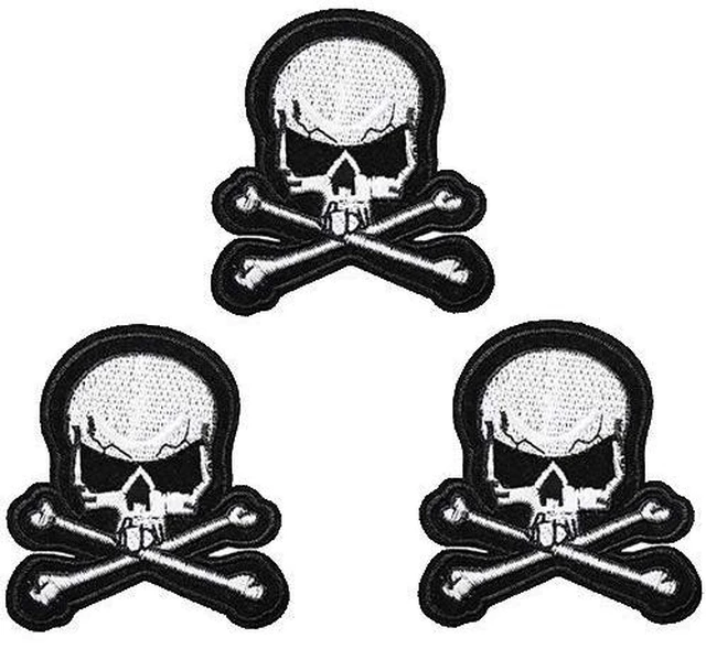 Main image of U-Sky Sew or Iron on Embroidered Patches | Pirate Punk Skull & Crossbones White Black | 3D Embroidery Washable | Biker Rocker Gamer Decals | Jeans Jackets Caps Bags Hoodie Vest | 2.9"x2.7"