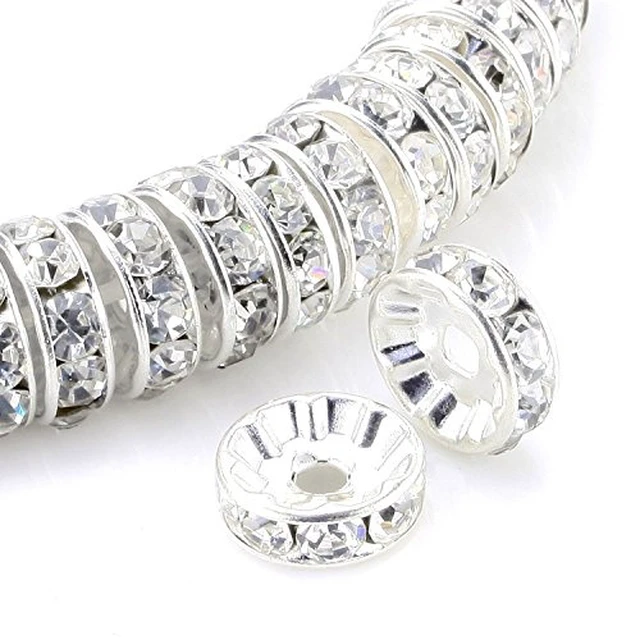 Alt view image 2 of 6 - Allb 100Pcs Rondelle Spacer Beads 8mm Silver Plated Czech Crystal Rhinestone for Jewelry Making Loose Beads for Bracelets