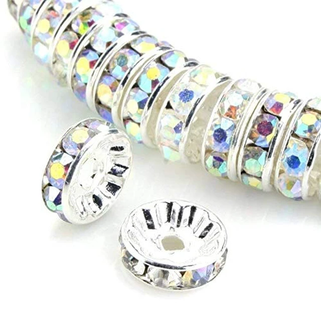 Alt view image 6 of 6 - Allb 100Pcs Rondelle Spacer Beads 8mm Silver Plated Czech Crystal Rhinestone for Jewelry Making Loose Beads for Bracelets