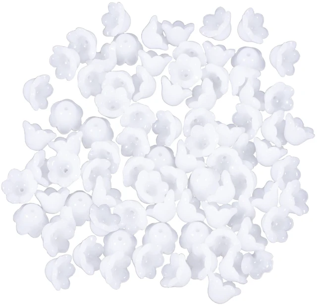 Main image of 100pcs Trumpet Flower Beads, Glass Flower Beads for Jewelry Making, Mini Flora Charms for Making Necklace Bracelets Earrings Home Decor DIY Craft- White