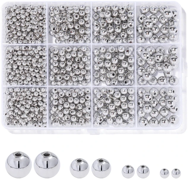 Main image of 1100 Pcs Silver Beads,Smooth Round 3/4/6/8mm Silver Filled Beads for Bracelet Jewelry Making