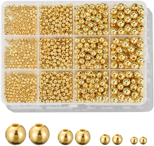 Main image of 1100 Pcs Smooth Round Beads - 3/4/6/8mm Gold Spacer Loose Ball Bead Kits for Bracelet Jewelry Making
